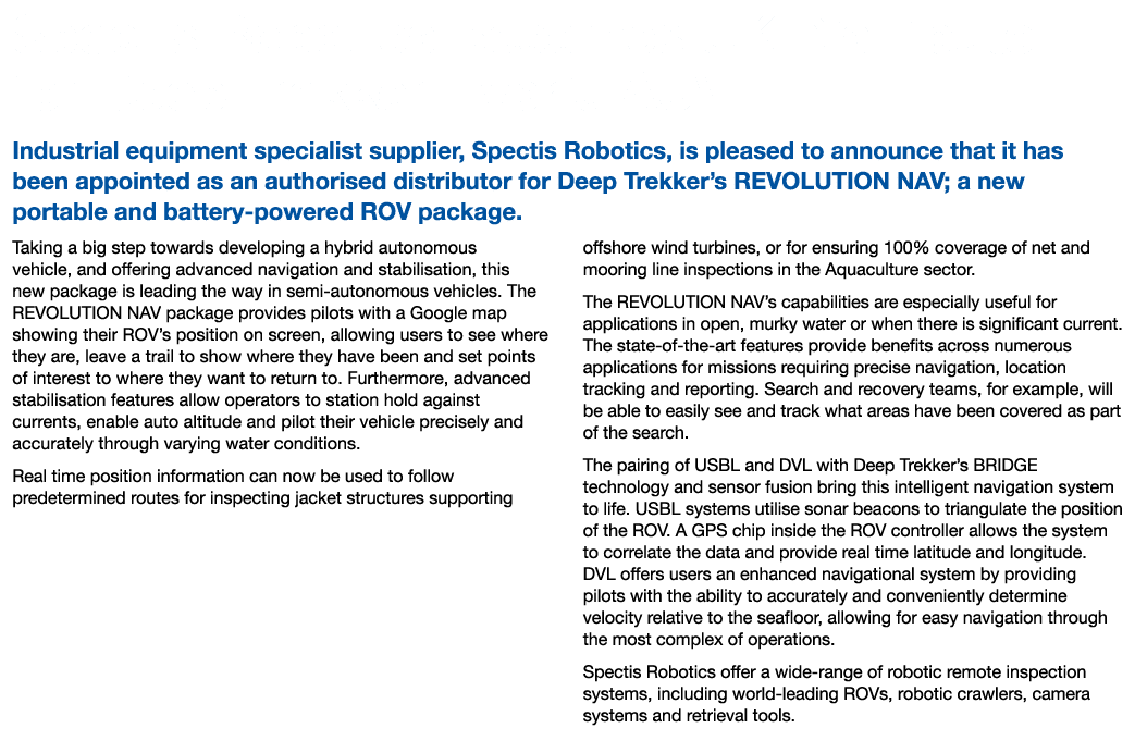 Spectis Robotics Becomes UK Distributor for Deep Trekker Hybrid AUV Industrial equipment specialist supplier, Spectis   