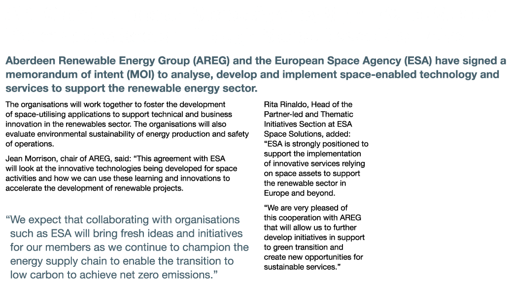 AREG and European Space Agency Sign MOI to Support Renewables Sector Through Space-based Activities Aberdeen Renewabl   