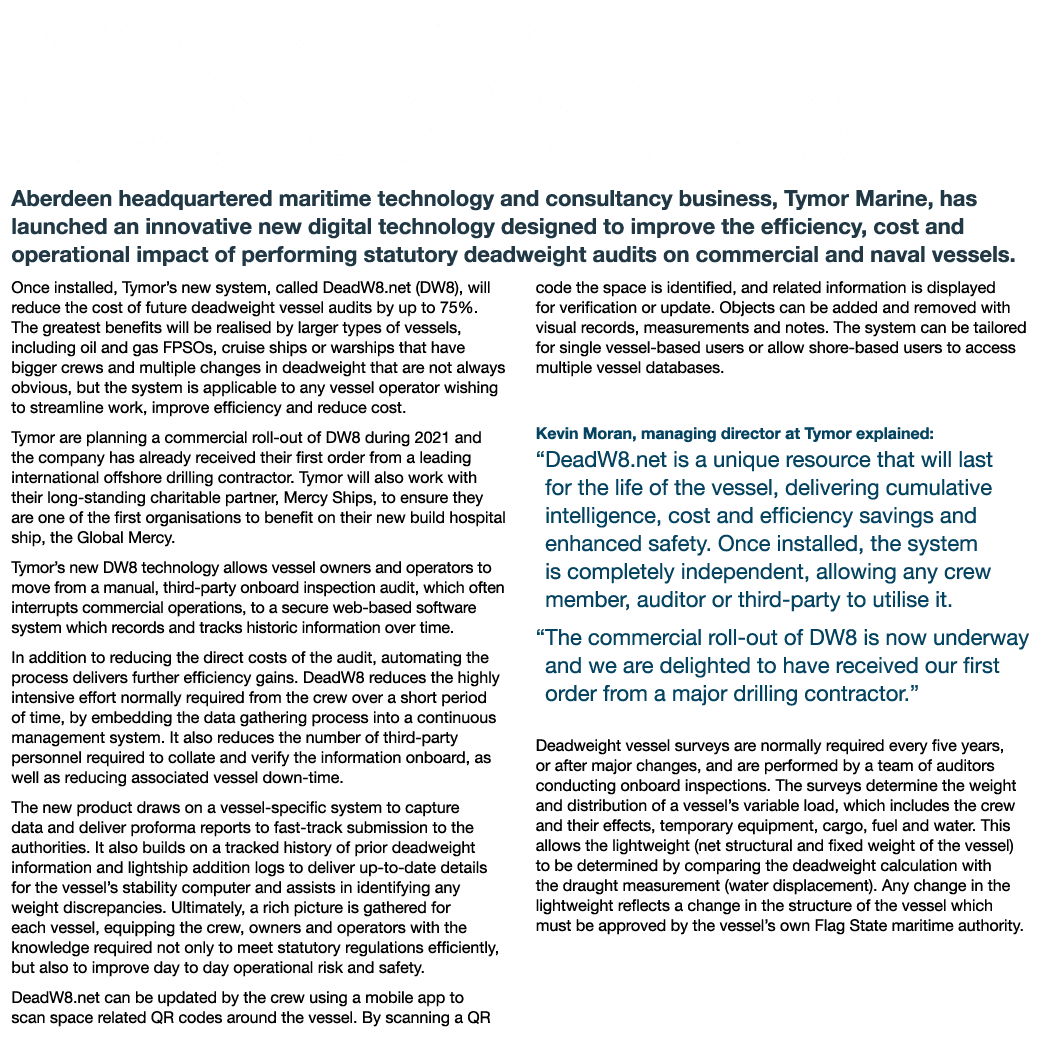 Tymor Marine Launches Unique Digital Technology to Cut Vessel Deadweight Audit Costs by up to 75% Aberdeen headquarte   