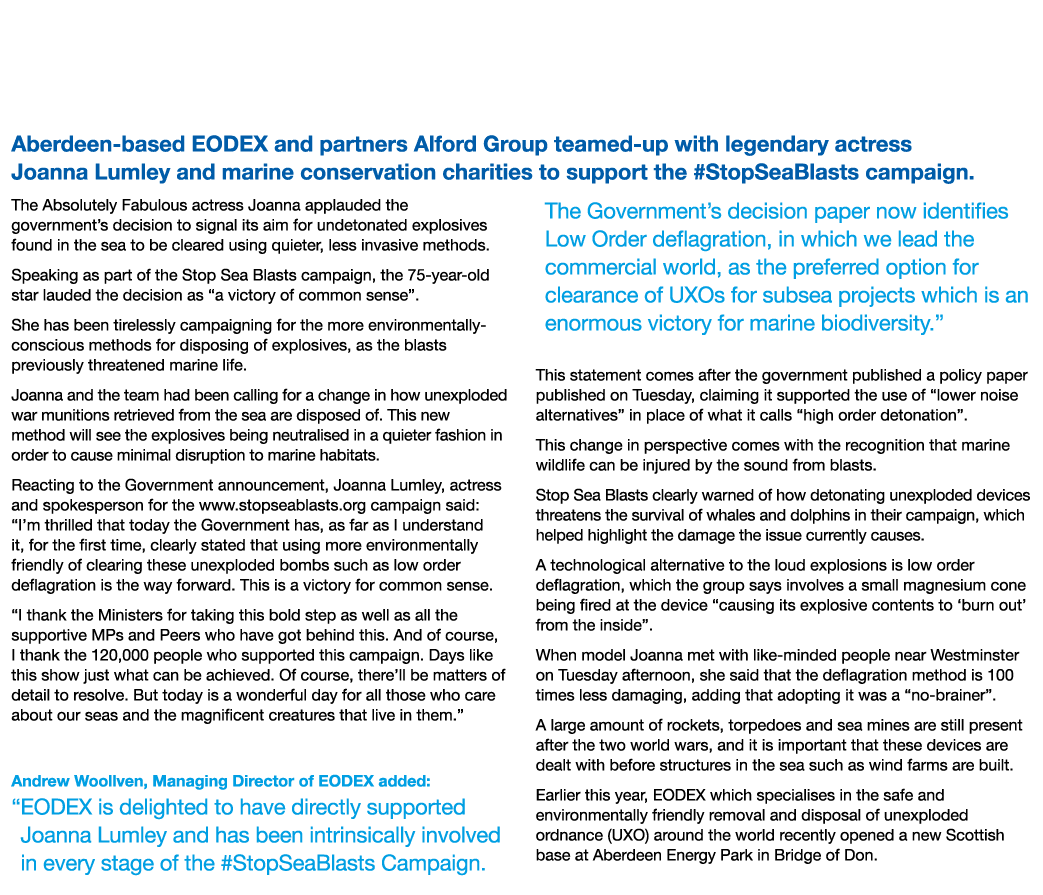 EODEX Supports #StopSeaBlasts Campaign Spearheaded by Joanna Lumley Aberdeen-based EODEX and partners Alford Group te   