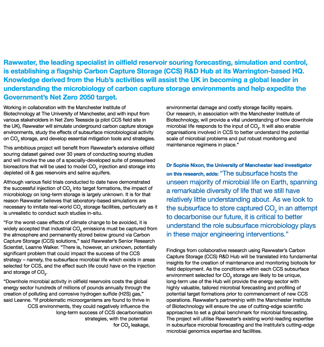 Understanding the Microbiology of Carbon Capture Storage: Rawwater to Establish Pioneering Research Hub Rawwater, the   