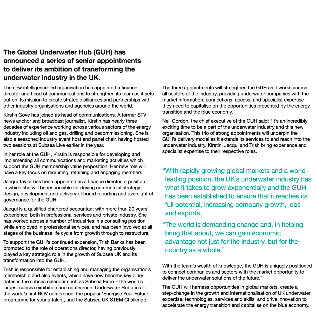 Senior Appointments to Support Global Underwater Hub s Ambition The Global Underwater Hub (GUH) has announced a serie   