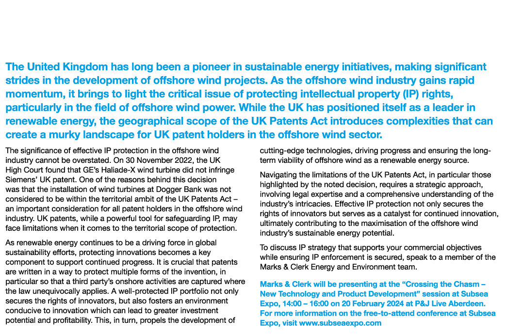 Marks & Clerk: Protecting Intellectual Property Rights Critical to Offshore Wind Power Sector The United Kingdom has ...