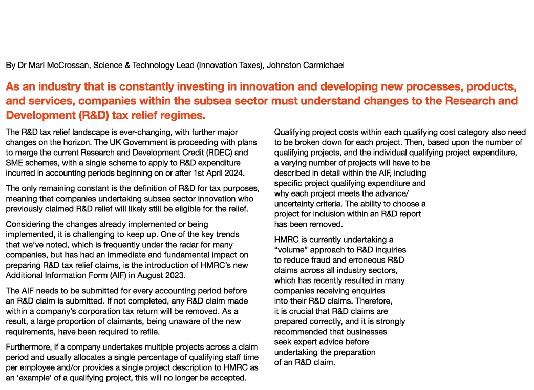 Subsea Engineering: R&D Tax Relief Additional Information Requirements By Dr Mari McCrossan, Science & Technology Lea...