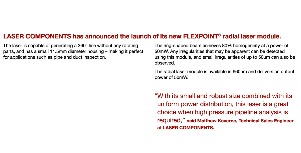 LASER COMPONENTS Launches New FLEXPOINT® Radial Laser LASER COMPONENTS has announced the launch of its new FLEXPOINT®...