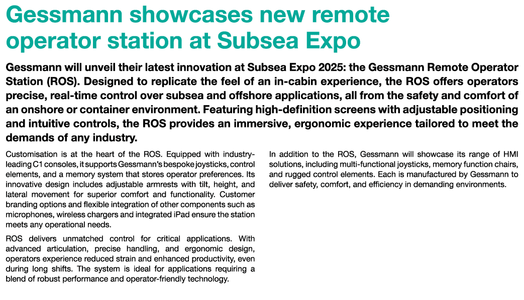 Gessmann showcases new remote operator station at Subsea Expo Gessmann will unveil their latest innovation at Subsea ...