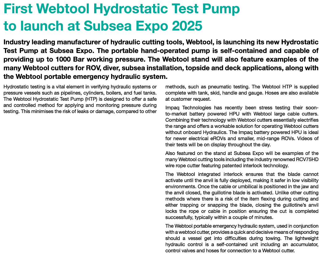 First Webtool Hydrostatic Test Pump to launch at Subsea Expo 2025 Industry leading manufacturer of hydraulic cutting ...