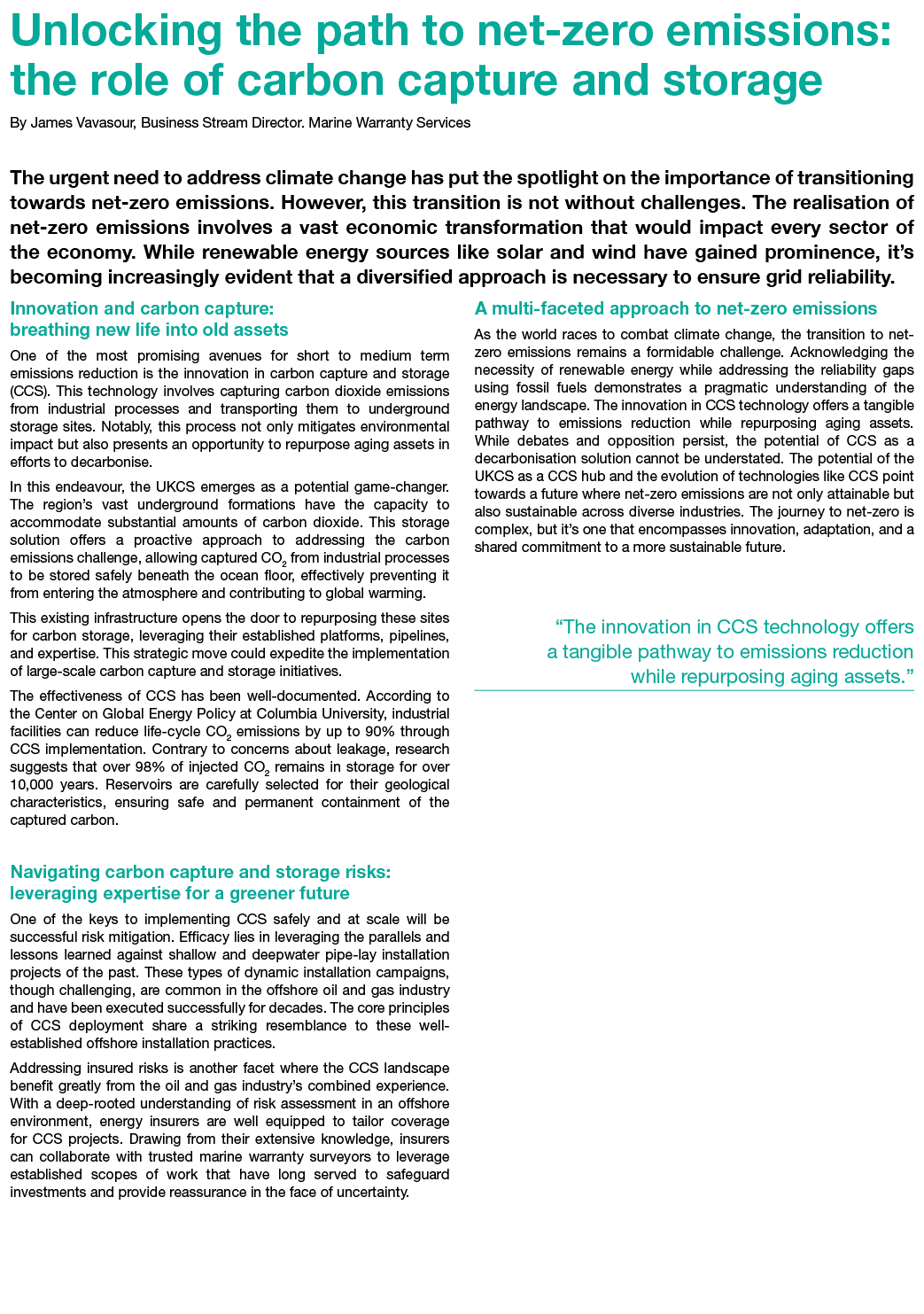 Unlocking the path to net zero emissions: the role of carbon capture and storage By James Vavasour, Business Stream D...