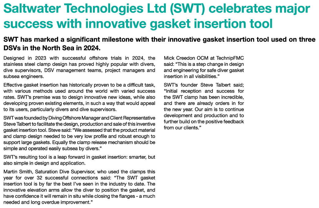 Saltwater Technologies Ltd (SWT) celebrates major success with innovative gasket insertion tool SWT has marked a sign...