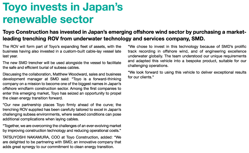 Toyo invests in Japan’s renewable sector Toyo Construction has invested in Japan’s emerging offshore wind sector by p...