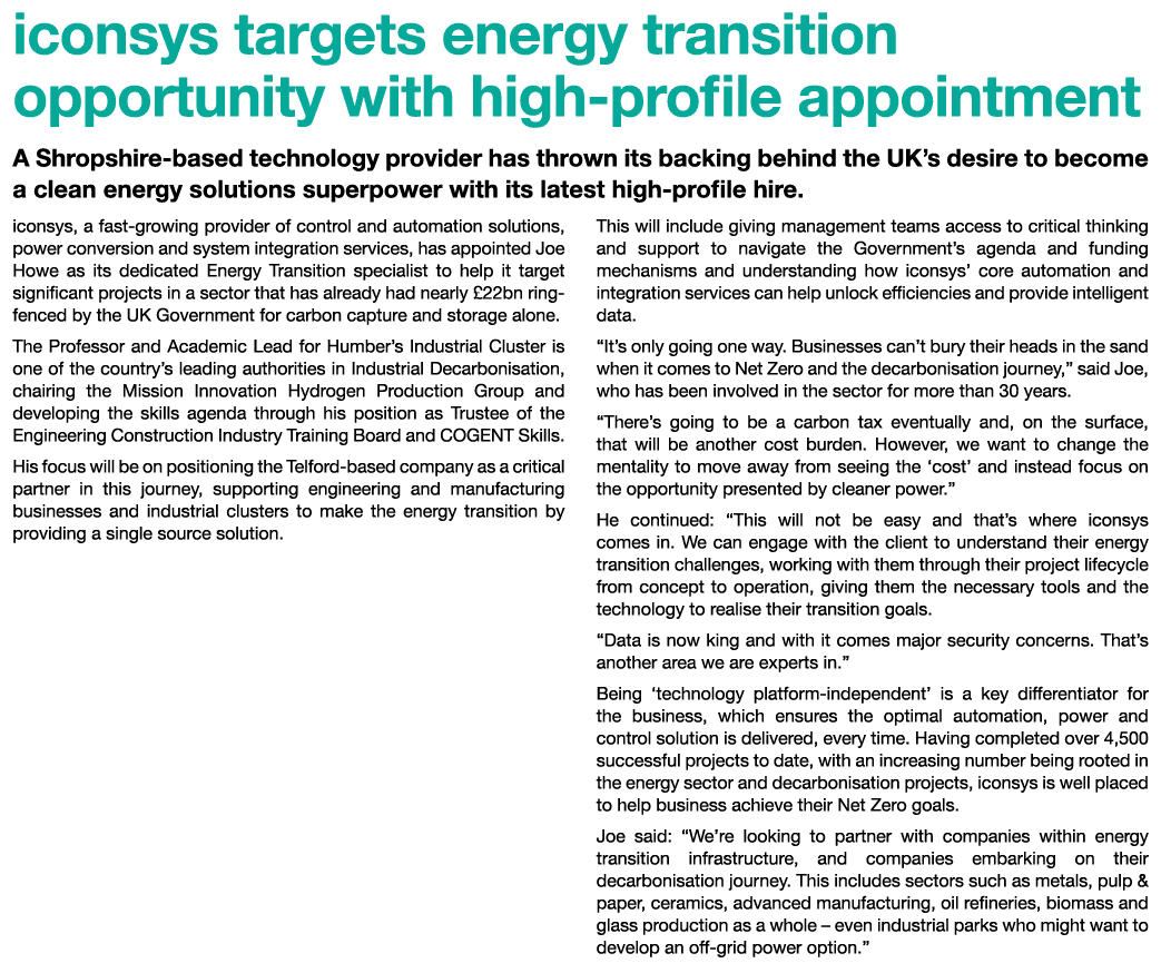 iconsys targets energy transition opportunity with high profile appointment A Shropshire based technology provider ha...
