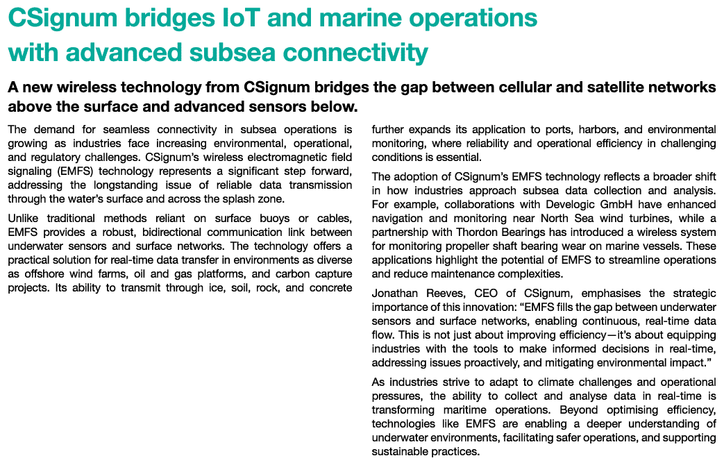 CSignum bridges IoT and marine operations with advanced subsea connectivity A new wireless technology from CSignum br...