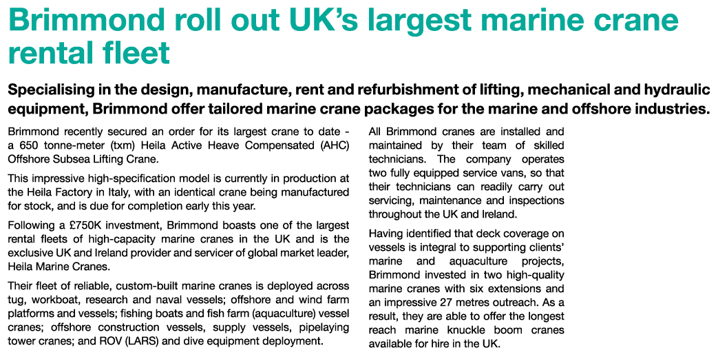 Brimmond roll out UK’s largest marine crane rental fleet Specialising in the design, manufacture, rent and refurbishm...