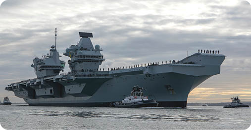 PORTSMOUTH HAMPSHIRE UK; DECEMBER 10th 2018. HMS Queen Elizabeth arrives in its home port of Portsmouth for Christmas after flight training in the USA. Crew line the decks at procedure alpha.