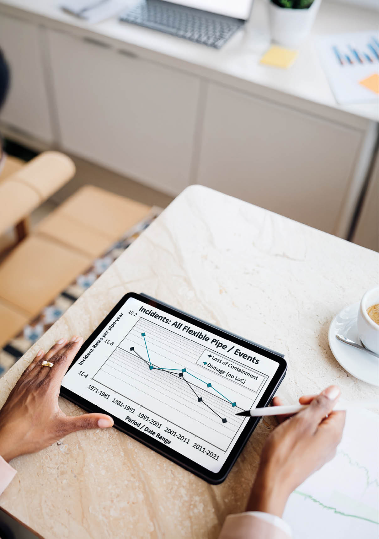 Cropped photo of an unrecognizable woman sitting at the table, using the tablet with the digital pen. The whole touch screen is visible. View is over the shoulder.