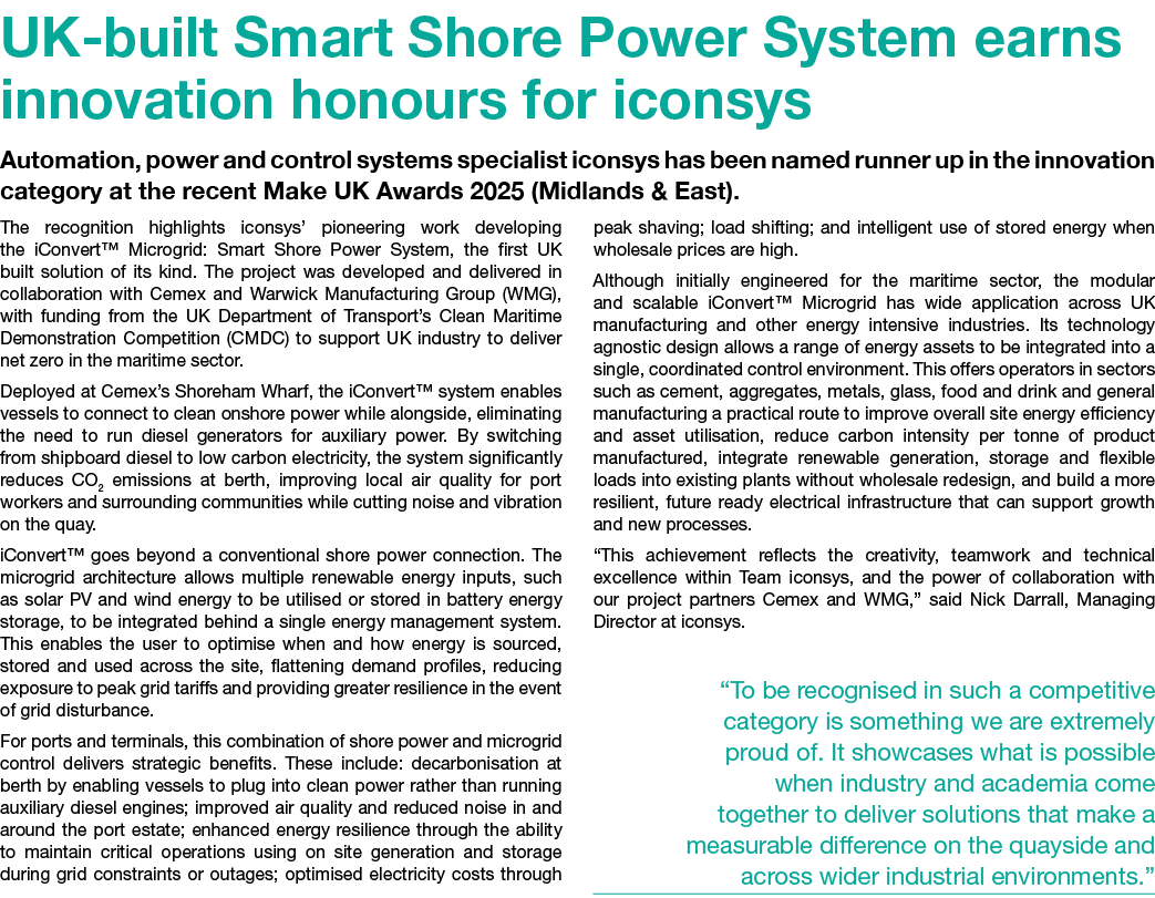 UK built Smart Shore Power System earns innovation honours for iconsys Automation, power and control systems speciali...