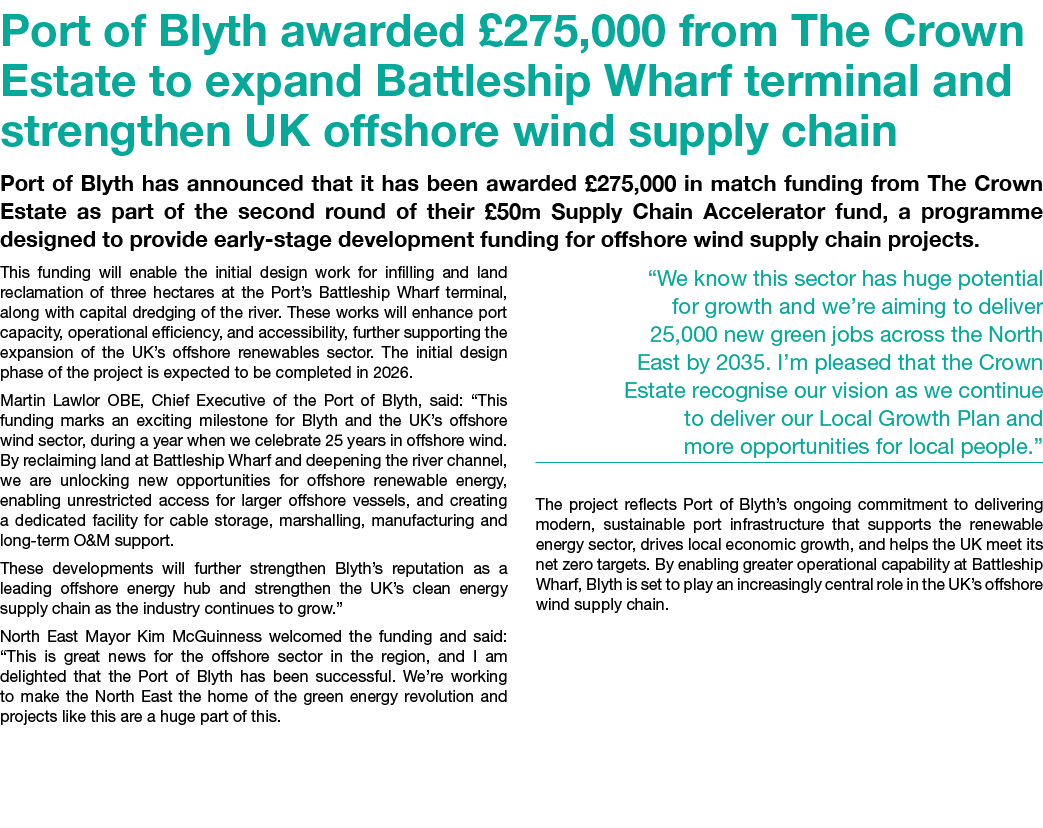 Port of Blyth awarded £275,000 from The Crown Estate to expand Battleship Wharf terminal and strengthen UK offshore w...