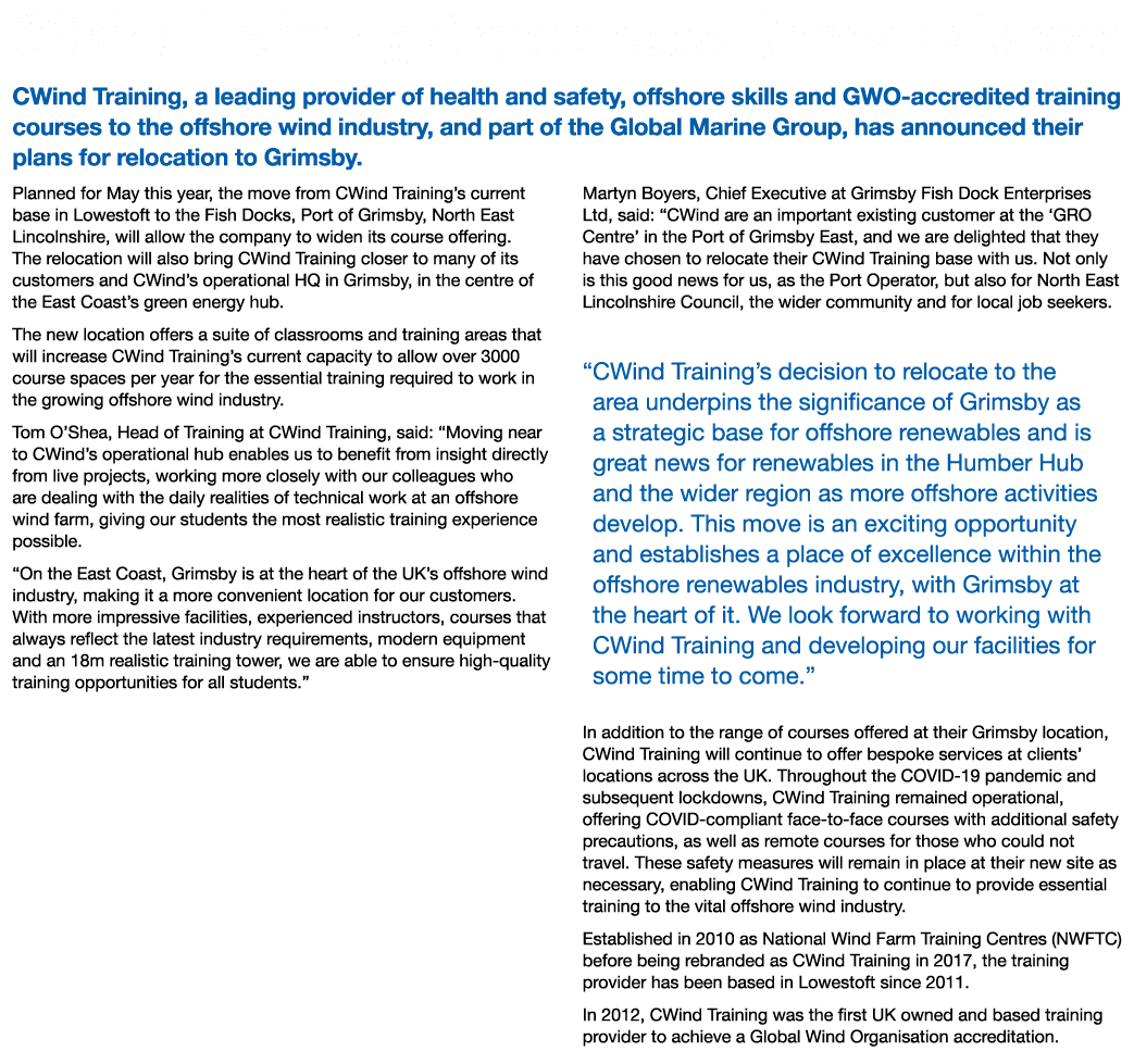 CWind Training Announces Grimsby Move CWind Training, a leading provider of health and safety, offshore skills and GW   