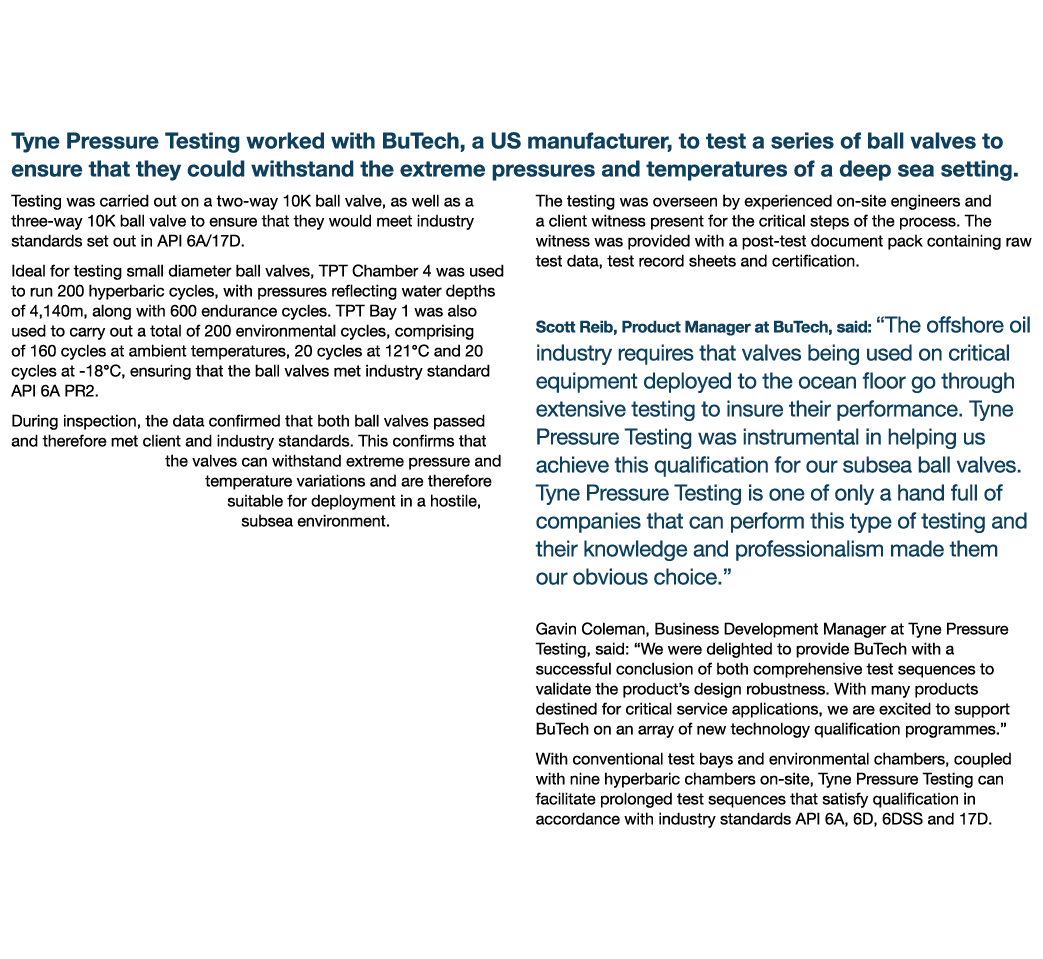 Tyne Pressure Testing Completes Qualification and Hyperbaric Testing of Valves for Deep Sea Tyne Pressure Testing wor   