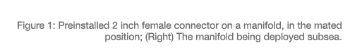 Figure 1: Preinstalled 2 inch female connector on a manifold, in the mated position; (Right) The manifold being deplo   