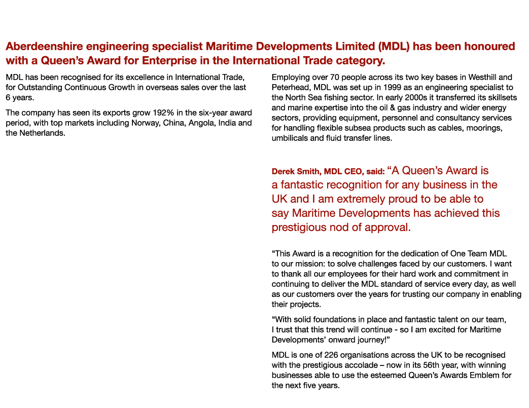 MDL Wins Queen s Award for Enterprise Aberdeenshire engineering specialist Maritime Developments Limited (MDL) has be   