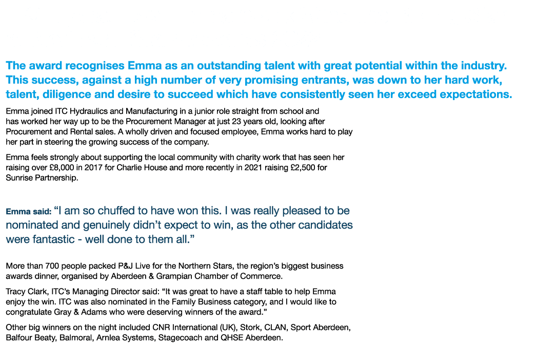 ITC Hydraulics  Emma Clark Wins the Rising Star at Northern Stars Awards 2022 The award recognises Emma as an outstan   