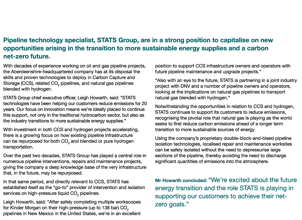 STATS Group Primed to Support Industry with Net-Zero Goals Pipeline technology specialist, STATS Group, are in a stro   