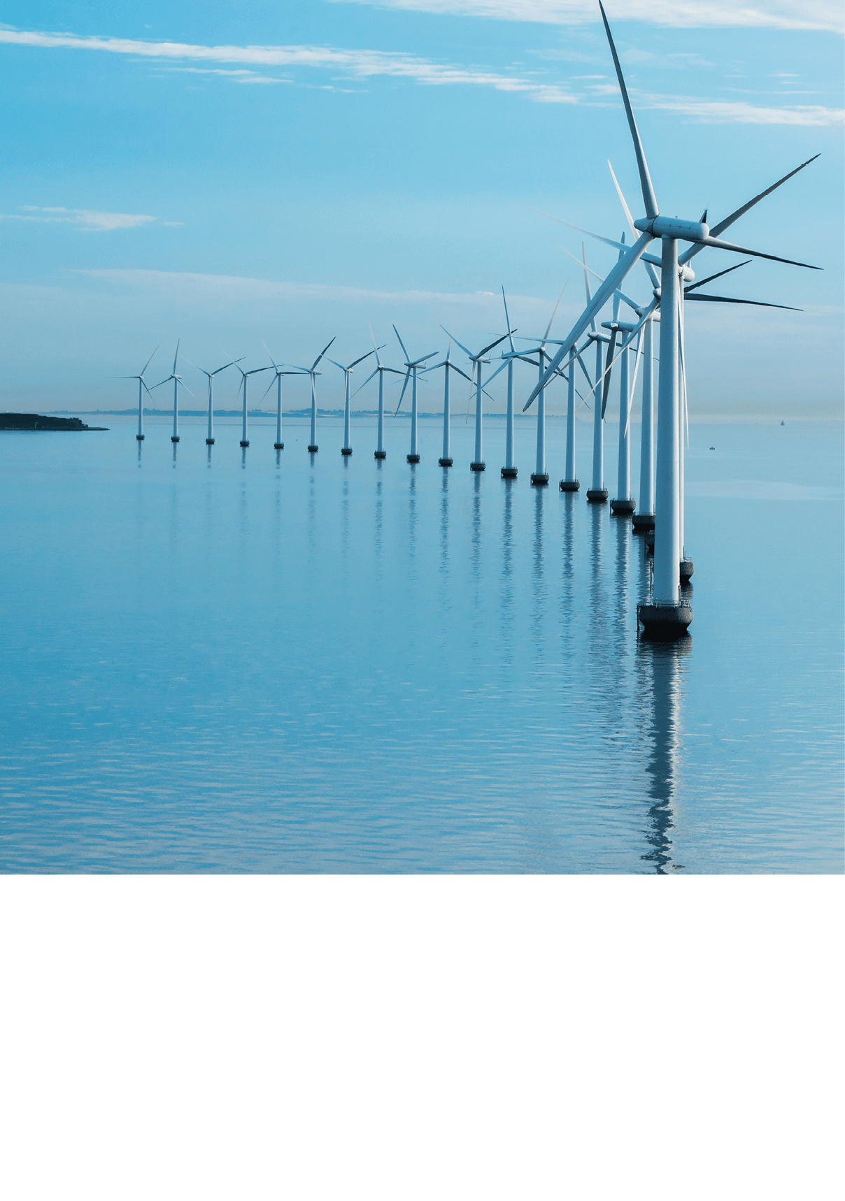 offshore windmill park alternative energy. windmills in the sea with reflection morning