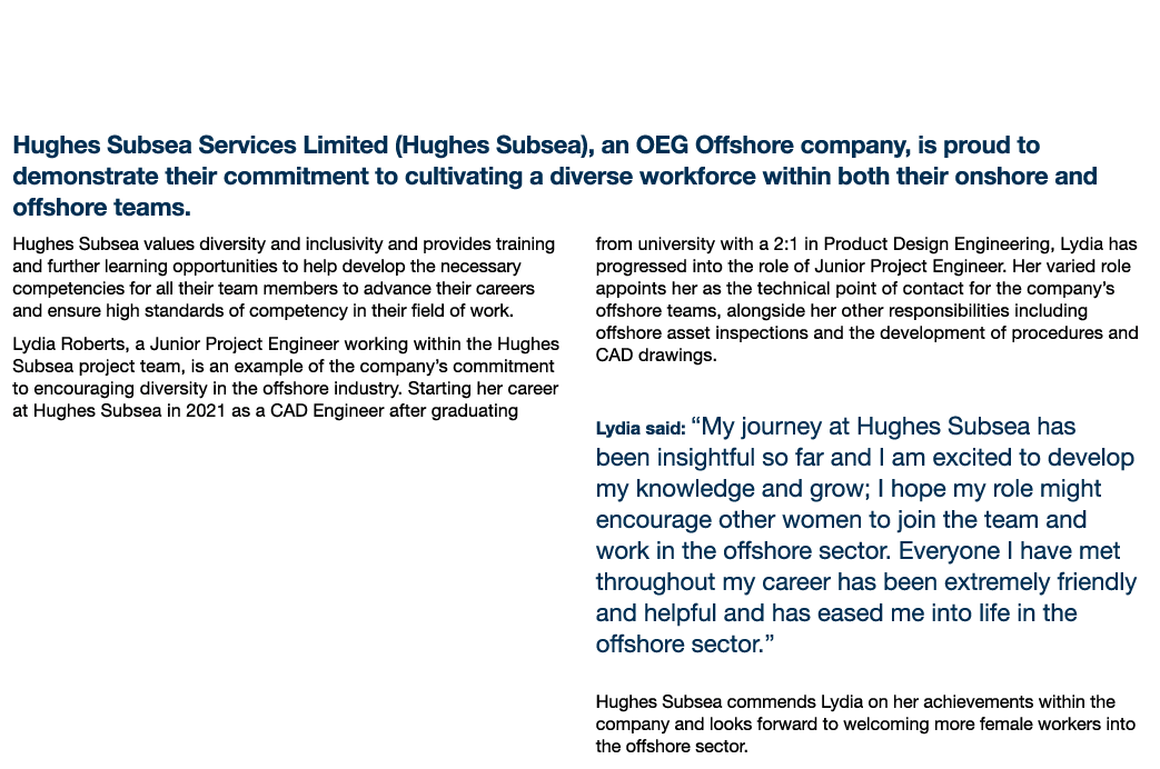 Hughes Subsea Delivering a Diverse Workforce within the Subsea Sector Hughes Subsea Services Limited (Hughes Subsea),...