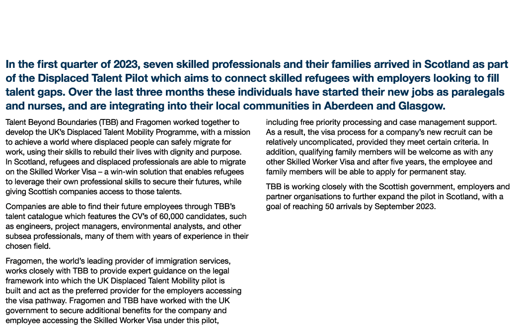 Fragomen Partners with Talent Beyond Boundaries to Develop UK’s Displaced Talent Mobility Programme In the first quar...