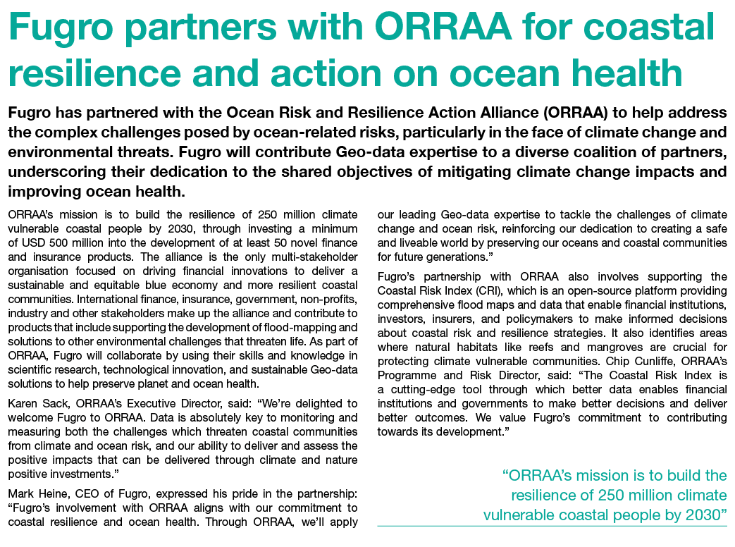 Fugro partners with ORRAA for coastal resilience and action on ocean health Fugro has partnered with the Ocean Risk a...