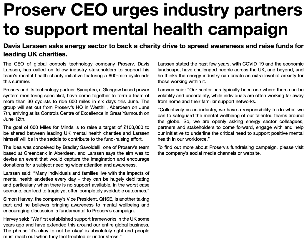 Proserv CEO urges industry partners to support mental health campaign Davis Larssen asks energy sector to back a char...