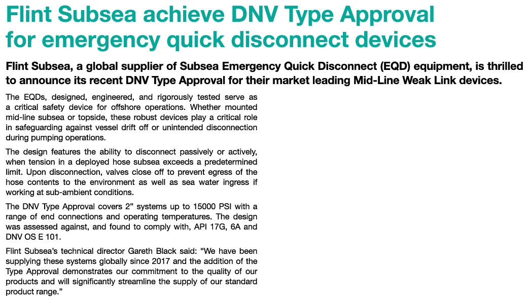 Flint Subsea achieve DNV Type Approval for emergency quick disconnect devices Flint Subsea, a global supplier of Subs...