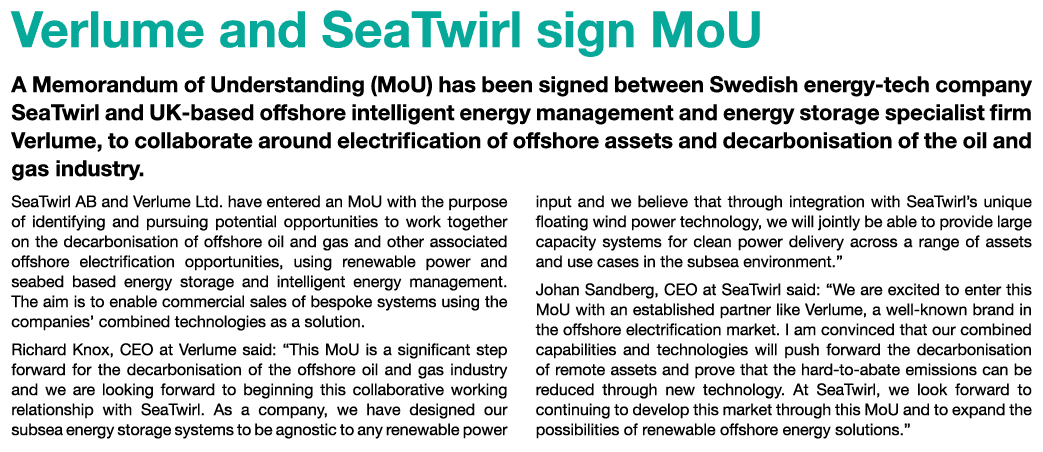 Verlume and SeaTwirl sign MoU A Memorandum of Understanding (MoU) has been signed between Swedish energy-tech company...