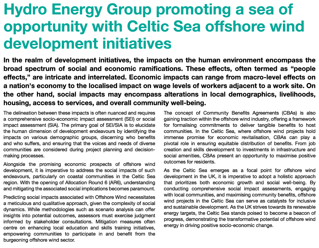 Hydro Energy Group promoting a sea of opportunity with Celtic Sea offshore wind development initiatives In the realm ...