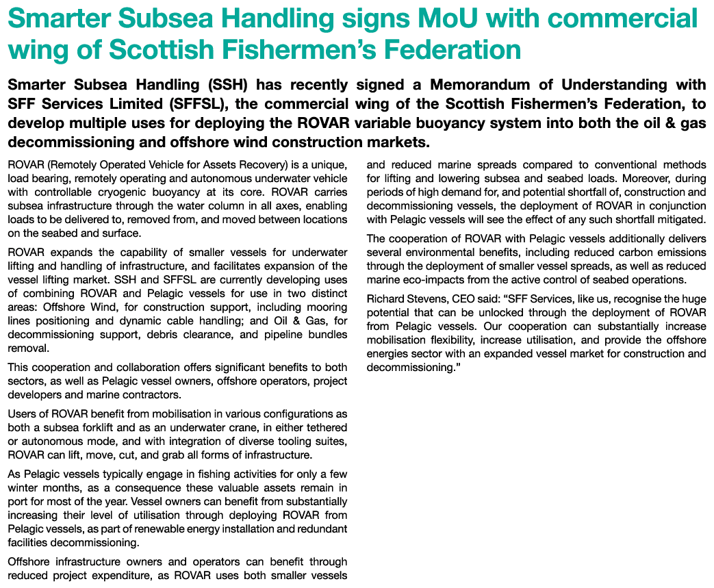 Smarter Subsea Handling signs MoU with commercial wing of Scottish Fishermen’s Federation Smarter Subsea Handling (SS...