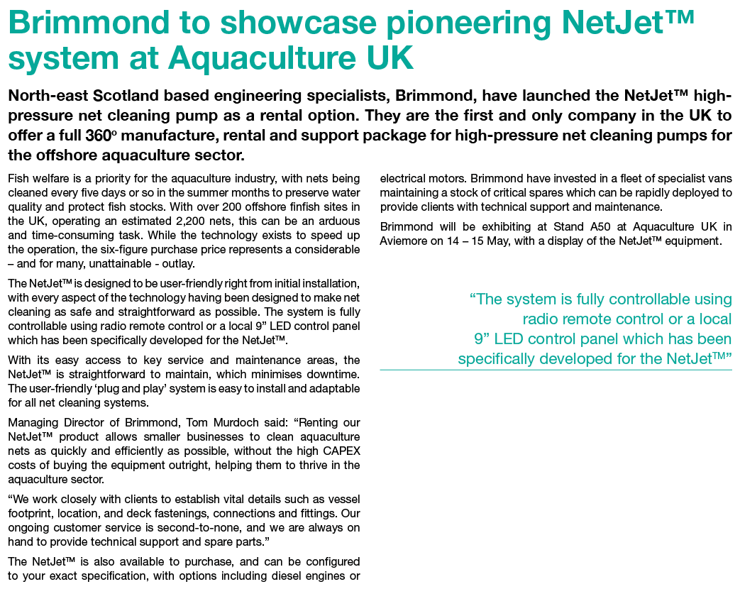 Brimmond to showcase pioneering NetJet™ system at Aquaculture UK North-east Scotland based engineering specialists, B...