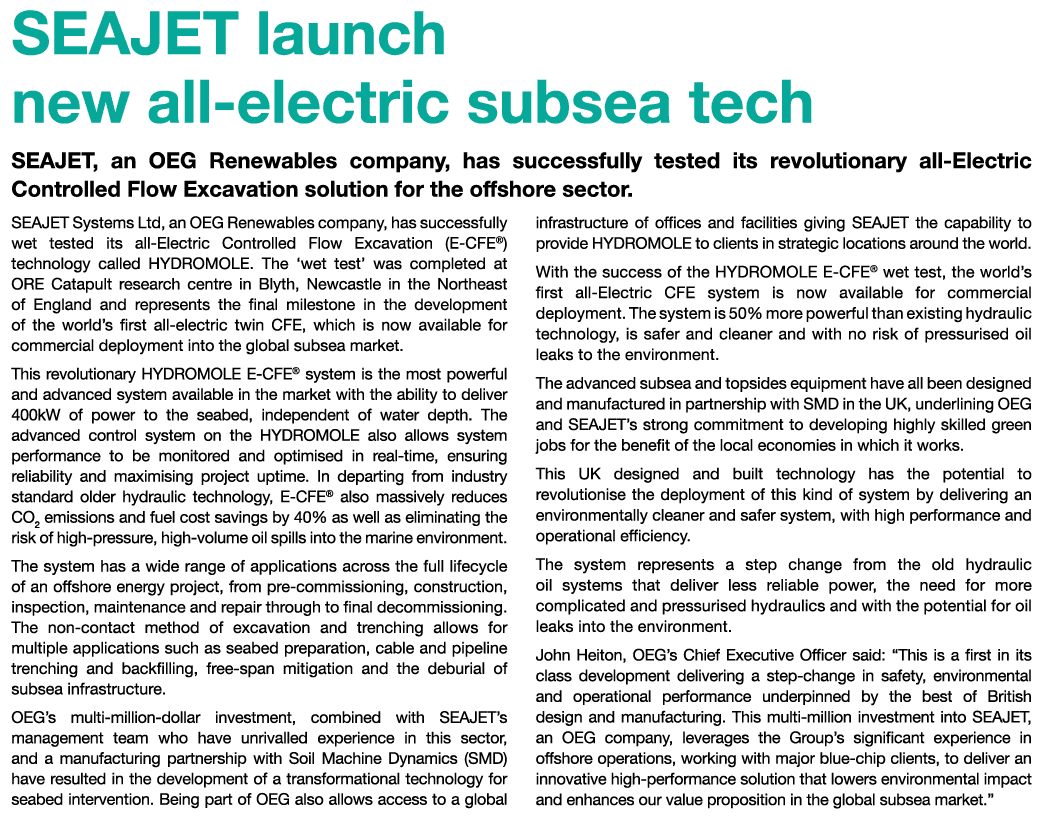 SEAJET launch new all-electric subsea tech SEAJET, an OEG Renewables company, has successfully tested its revolutiona...