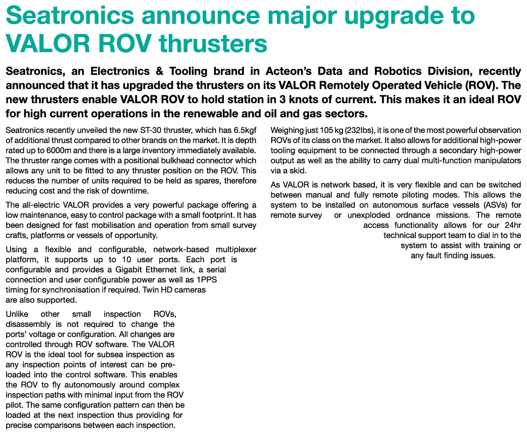 Seatronics announce major upgrade to VALOR ROV thrusters Seatronics, an Electronics & Tooling brand in Acteon’s Data ...
