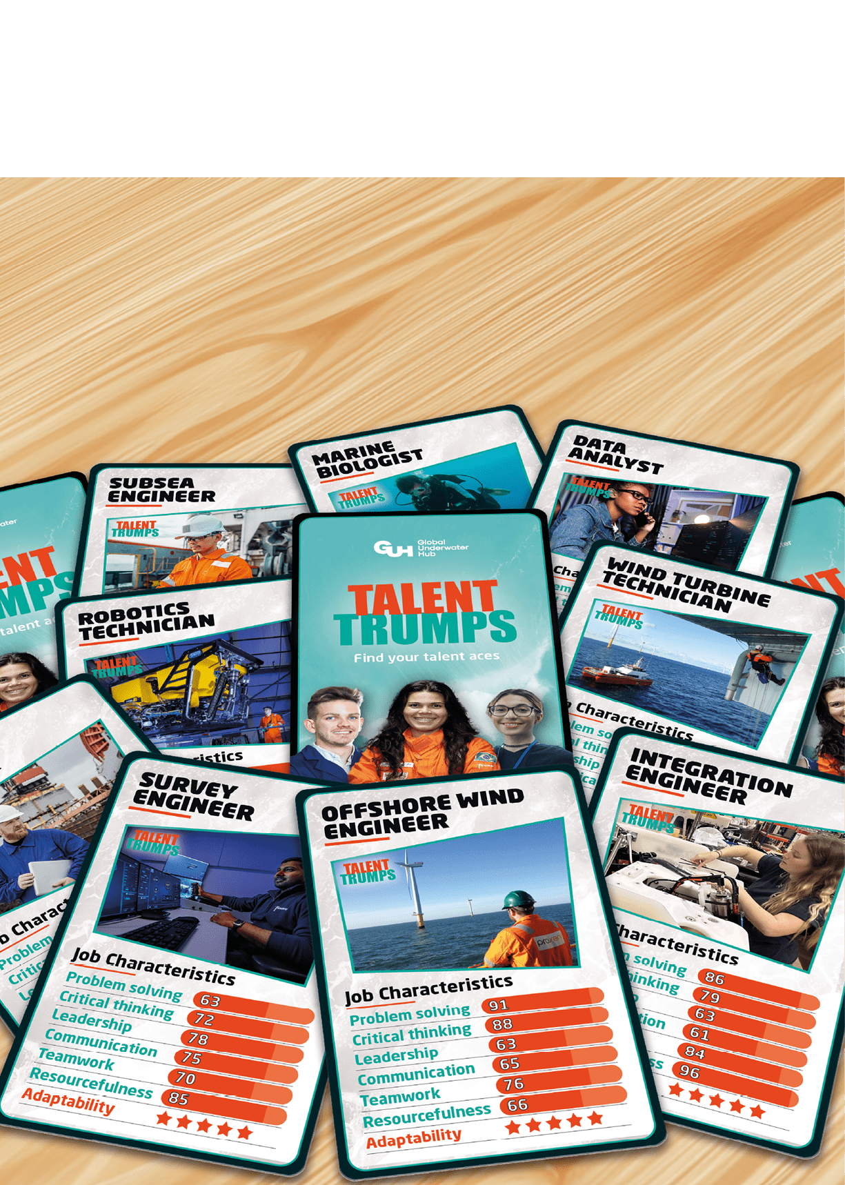 A vertical shot of the scattered deck of playing cards