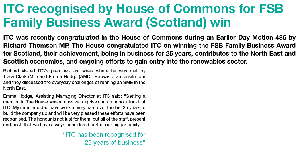 ITC recognised by House of Commons for FSB Family Business Award (Scotland) win ITC was recently congratulated in the...