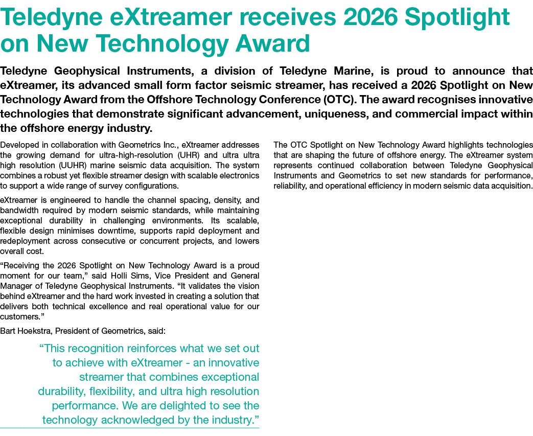 Teledyne eXtreamer receives 2026 Spotlight on New Technology Award Teledyne Geophysical Instruments, a division of Te...