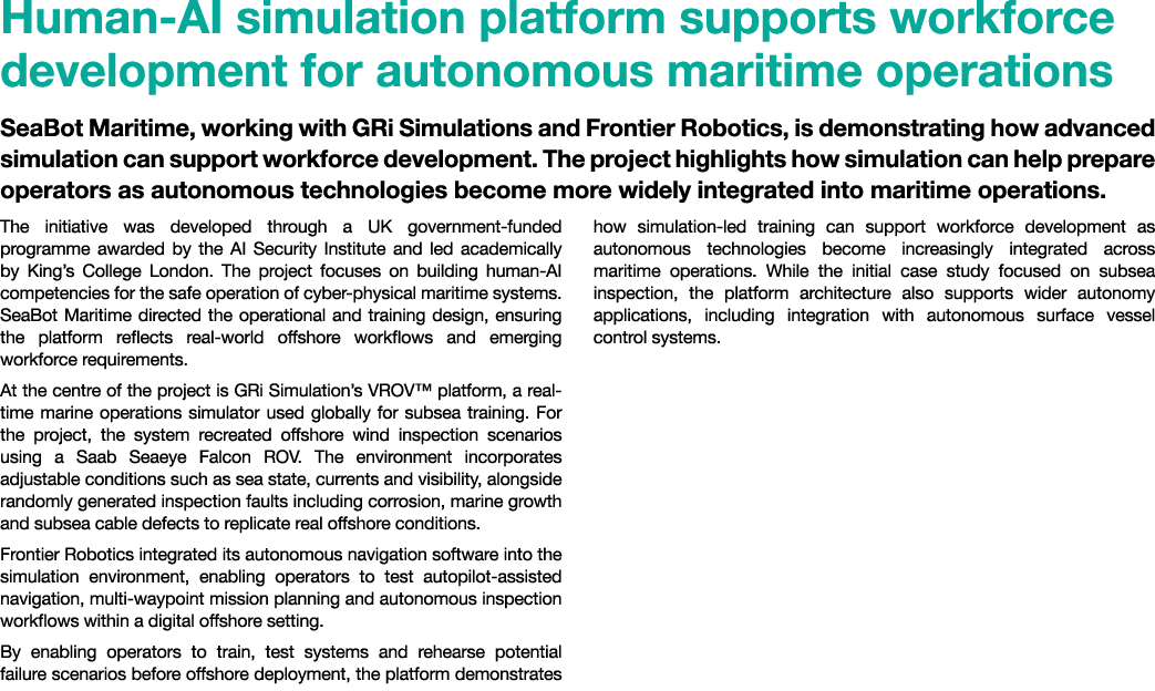 Human AI simulation platform supports workforce development for autonomous maritime operations SeaBot Maritime, worki...