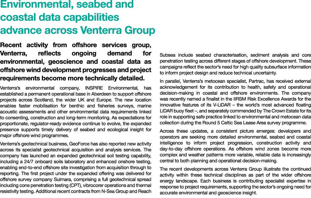 Environmental, seabed and coastal data capabilities advance across Venterra Group Recent activity from offshore servi...