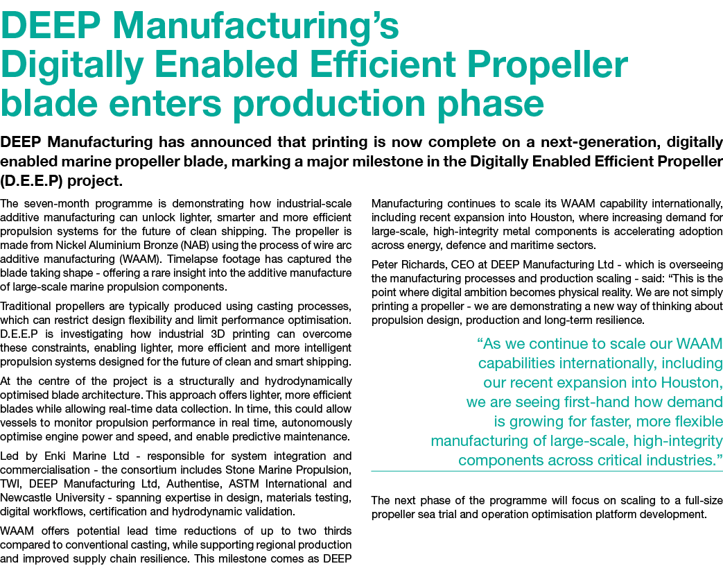 DEEP Manufacturing’s Digitally Enabled Efficient Propeller blade enters production phase DEEP Manufacturing has annou...