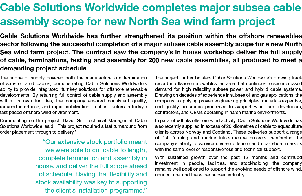 Cable Solutions Worldwide completes major subsea cable assembly scope for new North Sea wind farm project Cable Solut...