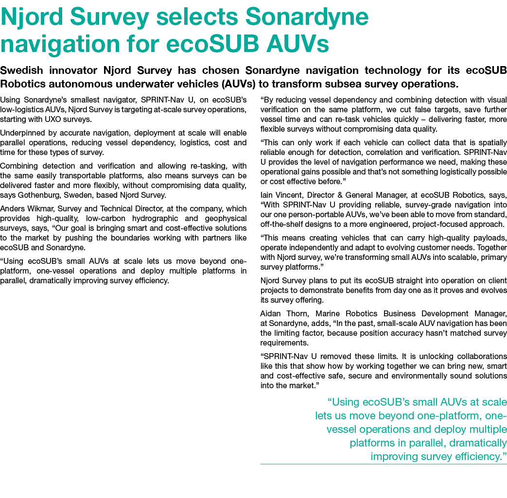 Njord Survey selects Sonardyne navigation for ecoSUB AUVs Swedish innovator Njord Survey has chosen Sonardyne navigat...