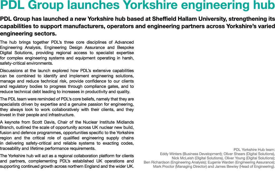 PDL Group launches Yorkshire engineering hub PDL Group has launched a new Yorkshire hub based at Sheffield Hallam Uni...