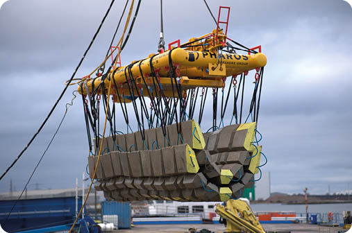 A large yellow crane is lifting a large yellow object. Description generated by AI