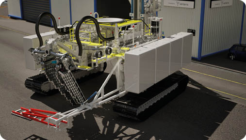 A large machine with a yellow and white body is parked on the street. Description generated by AI
